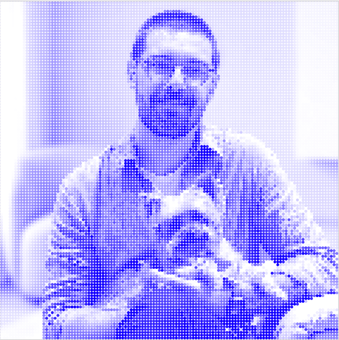 a photo of a man with short hair, glasses with a small dog on his arms. Effect of small dots filter.